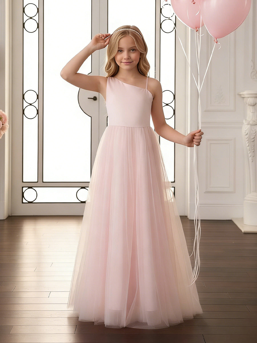 One-Shoulder Sleeveless Light Pink Flower Girl Dress with Satin Bodice and Tulle Floor-Length Skirt for Weddings and Formal Occasions