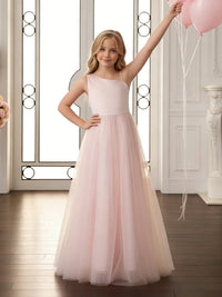 One-Shoulder Sleeveless Light Pink Flower Girl Dress with Satin Bodice and Tulle Floor-Length Skirt for Weddings and Formal Occasions
