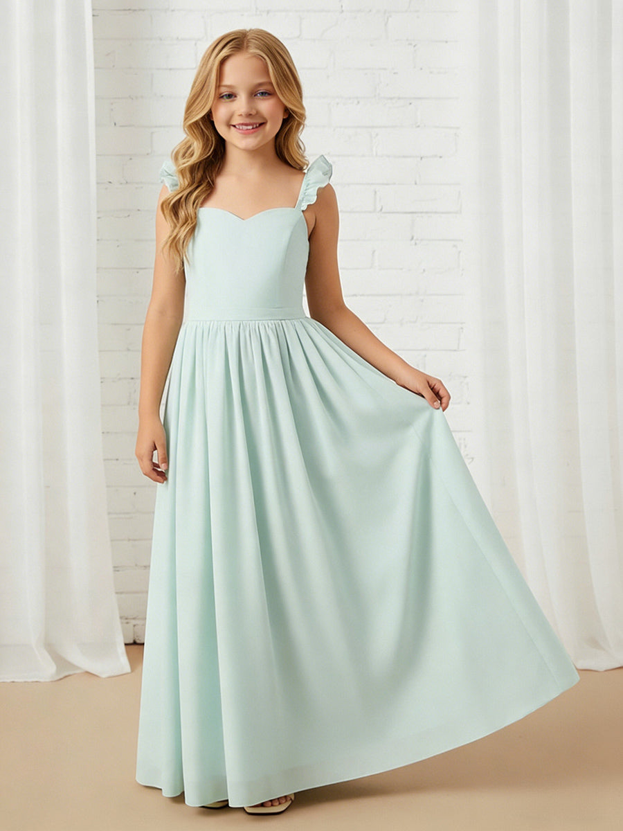Ruffled Strap Sweetheart Neck Flower Girl Dress with Mint Green Chiffon Floor-Length Skirt for Weddings and Formal Occasions