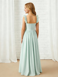 Ruffled Strap Sweetheart Neck Flower Girl Dress with Mint Green Chiffon Floor-Length Skirt for Weddings and Formal Occasions