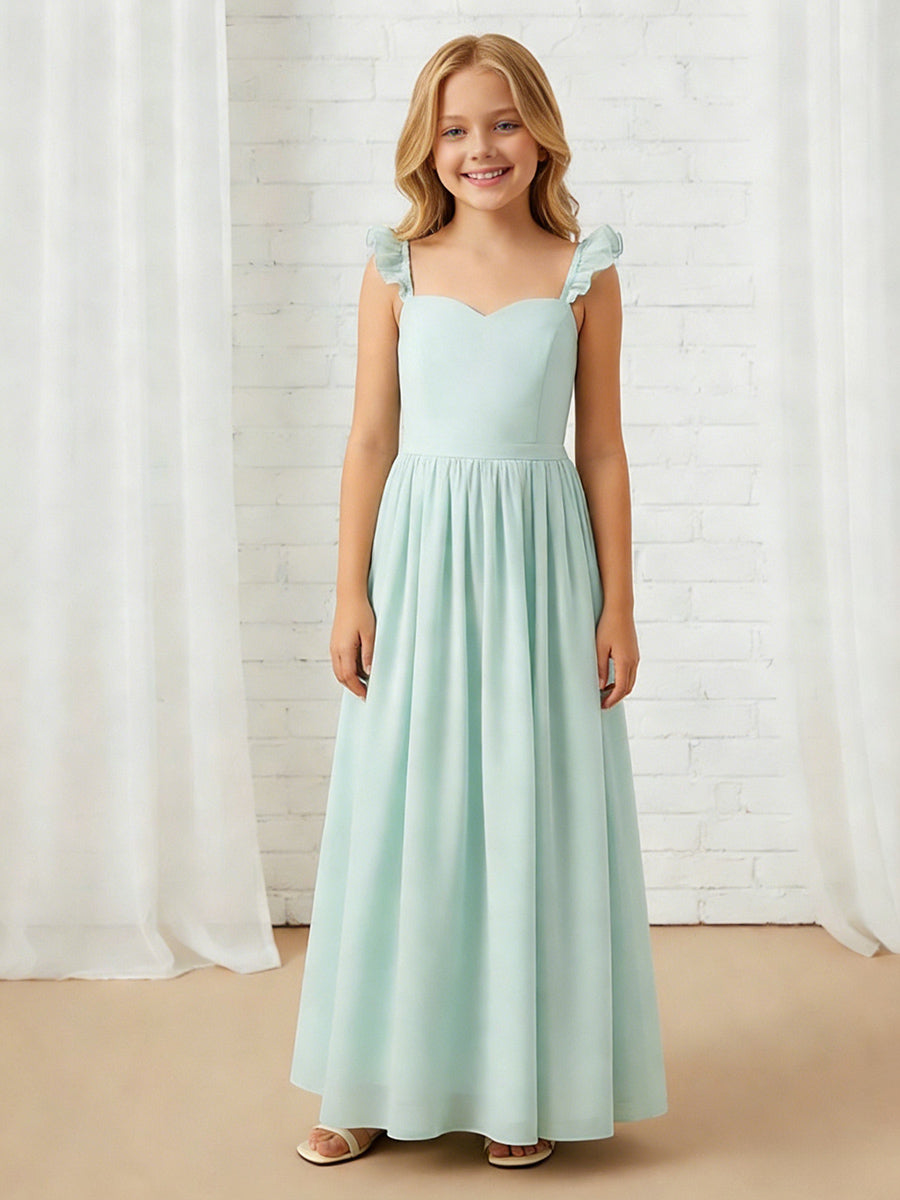 Ruffled Strap Sweetheart Neck Flower Girl Dress with Mint Green Chiffon Floor-Length Skirt for Weddings and Formal Occasions