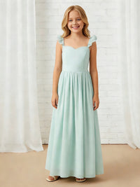 Ruffled Strap Sweetheart Neck Flower Girl Dress with Mint Green Chiffon Floor-Length Skirt for Weddings and Formal Occasions