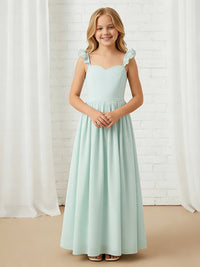 Ruffled Strap Sweetheart Neck Flower Girl Dress with Mint Green Chiffon Floor-Length Skirt for Weddings and Formal Occasions