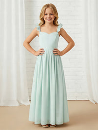 Ruffled Strap Sweetheart Neck Flower Girl Dress with Mint Green Chiffon Floor-Length Skirt for Weddings and Formal Occasions