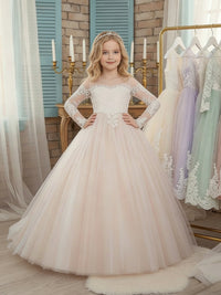 Lace Sheer Long Sleeve Off-the-Shoulder Sweetheart Neck Flower Girl Dress with Light Pink Tulle Train Skirt and Back Bow for Weddings and Formal Occasions
