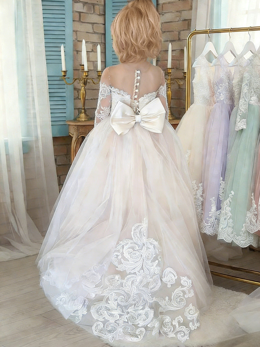 Lace Sheer Long Sleeve Off-the-Shoulder Sweetheart Neck Flower Girl Dress with Light Pink Tulle Train Skirt and Back Bow for Weddings and Formal Occasions