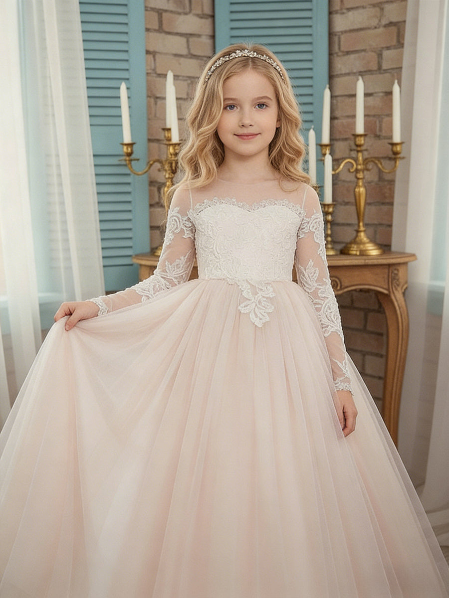 Lace Sheer Long Sleeve Off-the-Shoulder Sweetheart Neck Flower Girl Dress with Light Pink Tulle Train Skirt and Back Bow for Weddings and Formal Occasions
