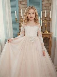 Lace Sheer Long Sleeve Off-the-Shoulder Sweetheart Neck Flower Girl Dress with Light Pink Tulle Train Skirt and Back Bow for Weddings and Formal Occasions