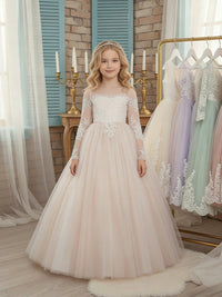 Lace Sheer Long Sleeve Off-the-Shoulder Sweetheart Neck Flower Girl Dress with Light Pink Tulle Train Skirt and Back Bow for Weddings and Formal Occasions