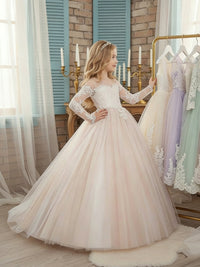 Lace Sheer Long Sleeve Off-the-Shoulder Sweetheart Neck Flower Girl Dress with Light Pink Tulle Train Skirt and Back Bow for Weddings and Formal Occasions