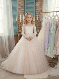 Lace Sheer Long Sleeve Off-the-Shoulder Sweetheart Neck Flower Girl Dress with Light Pink Tulle Train Skirt and Back Bow for Weddings and Formal Occasions