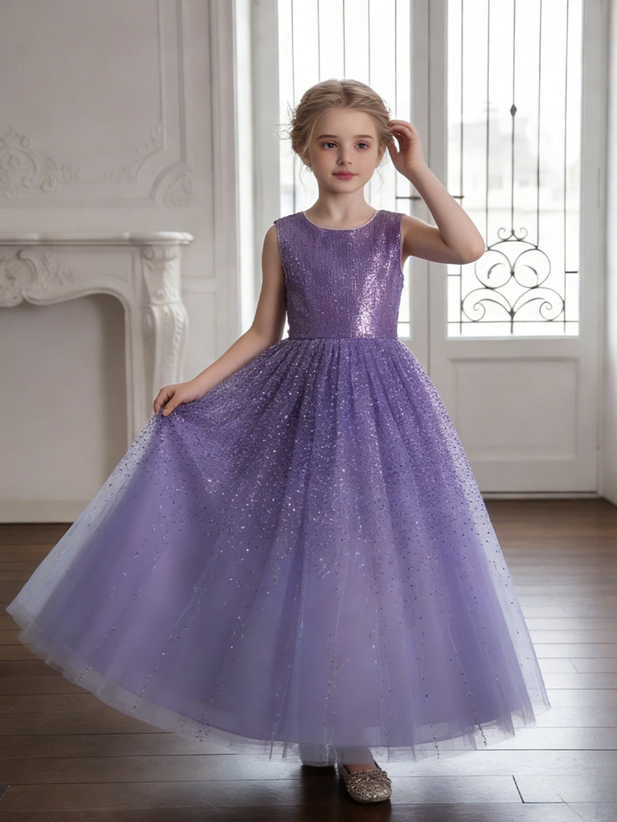 Sleeveless Round Neck Sequin Purple Tulle Flower Girl Dress with V-Back for Weddings and Formal Occasions