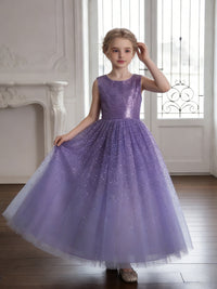 Sleeveless Round Neck Sequin Purple Tulle Flower Girl Dress with V-Back for Weddings and Formal Occasions