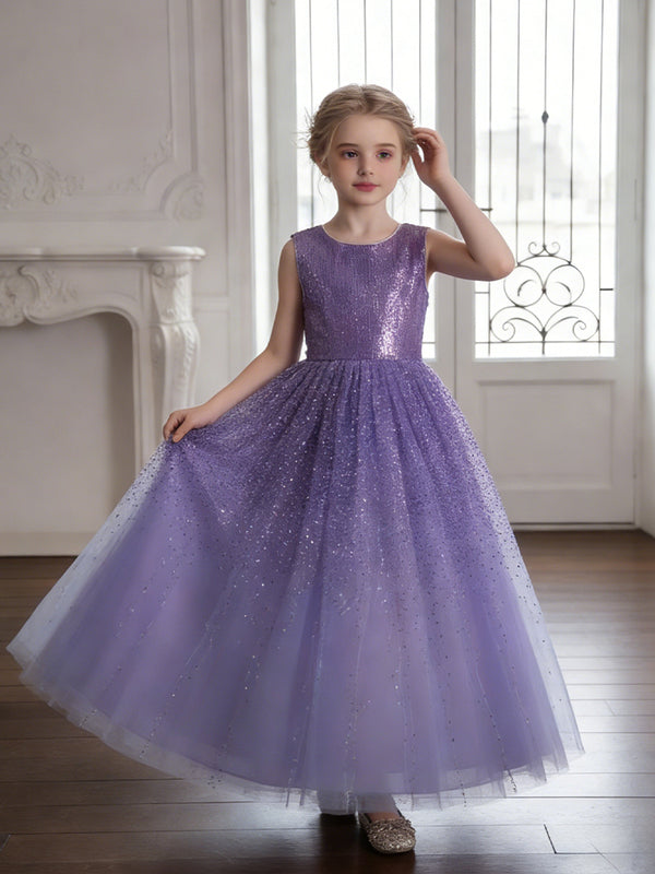 Sleeveless Round Neck Sequin Purple Tulle Flower Girl Dress with V-Back for Weddings and Formal Occasions