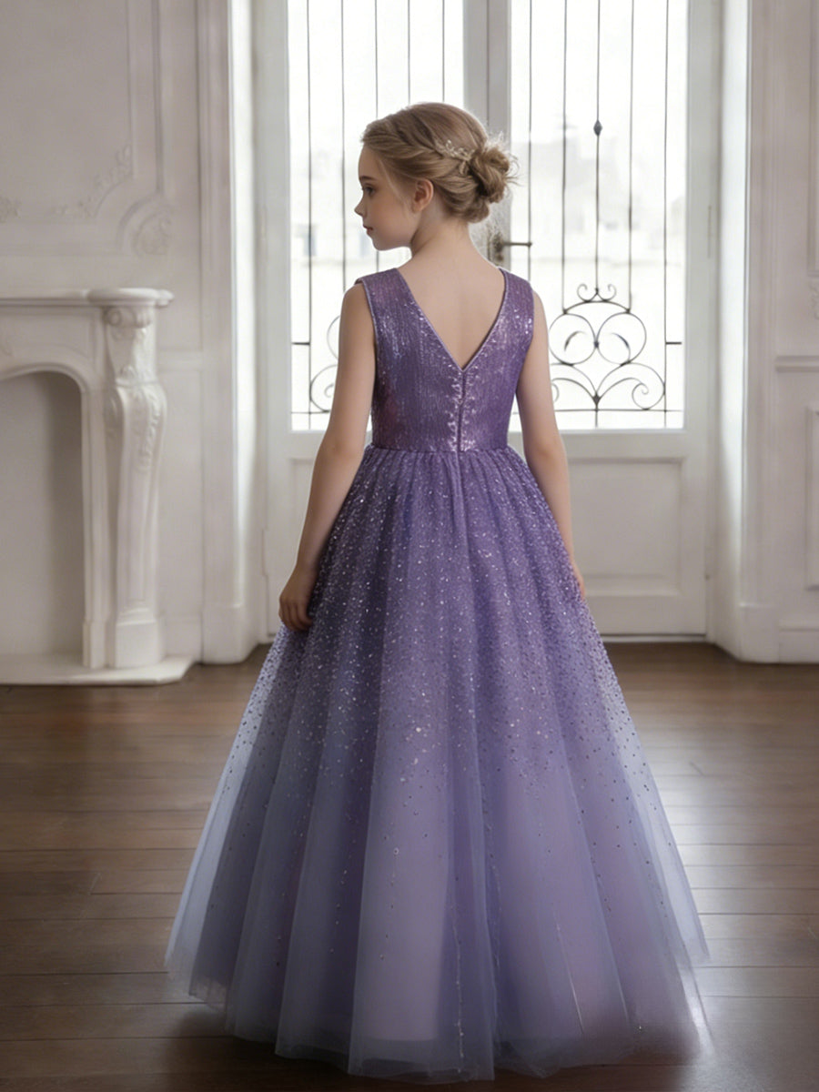 Sleeveless Round Neck Sequin Purple Tulle Flower Girl Dress with V-Back for Weddings and Formal Occasions