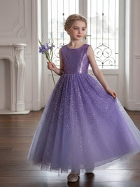 Sleeveless Round Neck Sequin Purple Tulle Flower Girl Dress with V-Back for Weddings and Formal Occasions