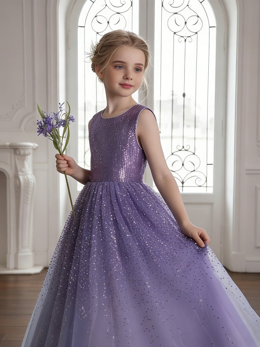 Sleeveless Round Neck Sequin Purple Tulle Flower Girl Dress with V-Back for Weddings and Formal Occasions