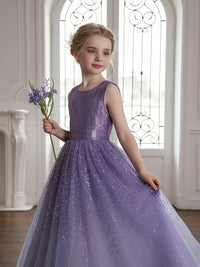 Sleeveless Round Neck Sequin Purple Tulle Flower Girl Dress with V-Back for Weddings and Formal Occasions