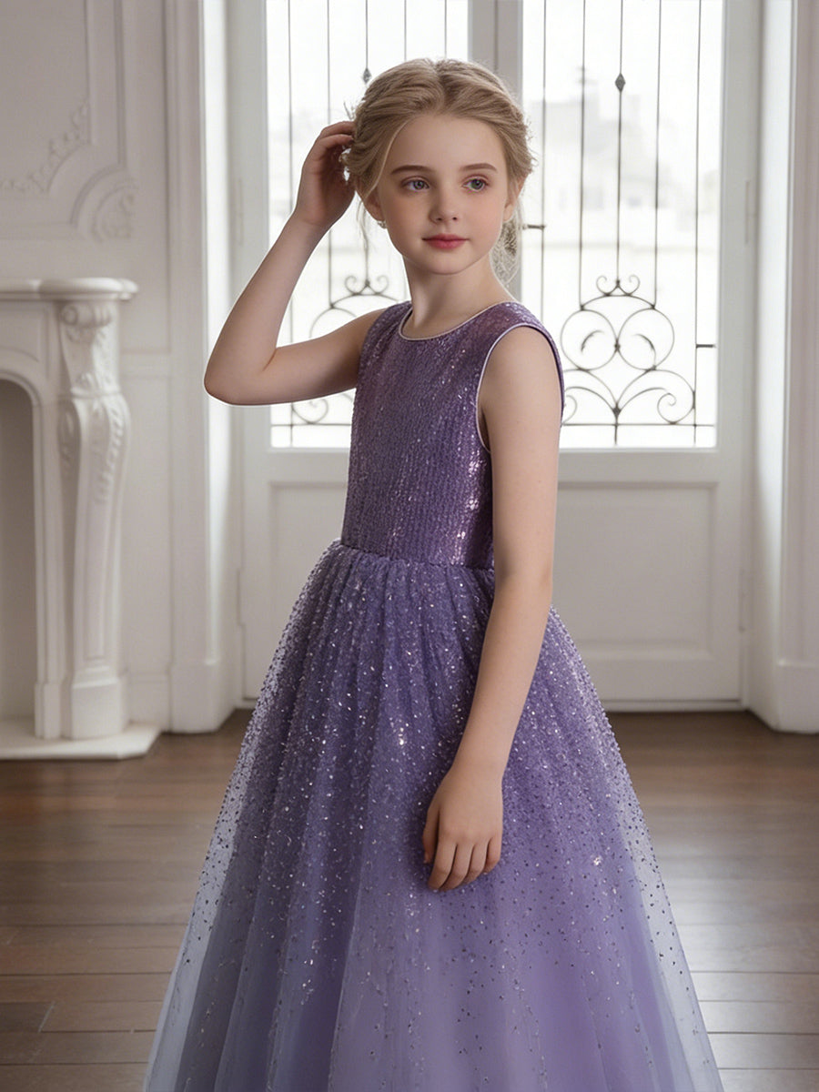 Sleeveless Round Neck Sequin Purple Tulle Flower Girl Dress with V-Back for Weddings and Formal Occasions