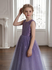 Sleeveless Round Neck Sequin Purple Tulle Flower Girl Dress with V-Back for Weddings and Formal Occasions