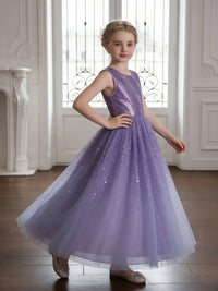 Sleeveless Round Neck Sequin Purple Tulle Flower Girl Dress with V-Back for Weddings and Formal Occasions