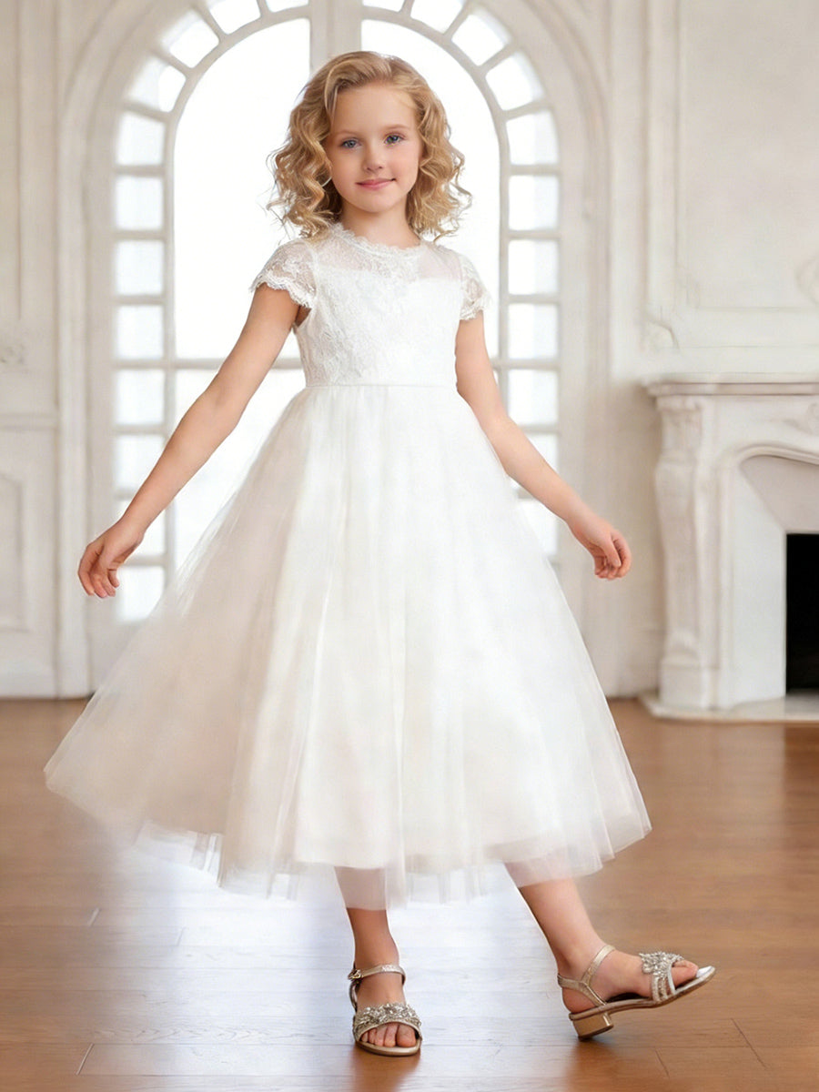 Short Sleeve Lace Round Neck White Tulle Midi Flower Girl Dress for Weddings and Formal Occasions