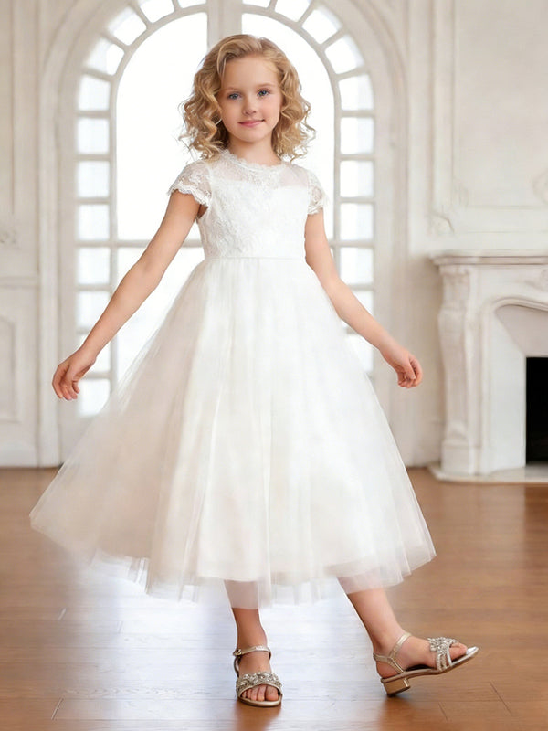 Short Sleeve Lace Round Neck White Tulle Midi Flower Girl Dress for Weddings and Formal Occasions