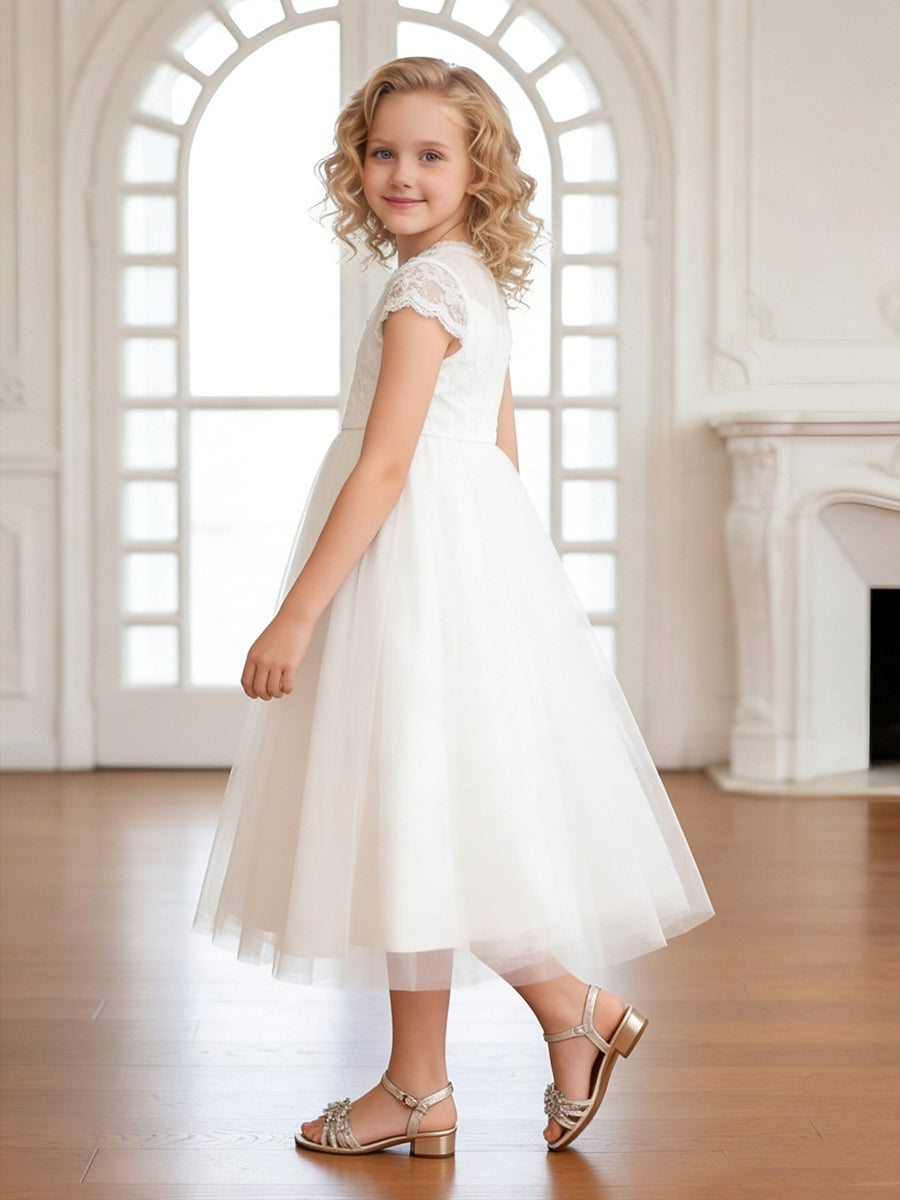 Short Sleeve Lace Round Neck White Tulle Midi Flower Girl Dress for Weddings and Formal Occasions