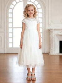 Short Sleeve Lace Round Neck White Tulle Midi Flower Girl Dress for Weddings and Formal Occasions