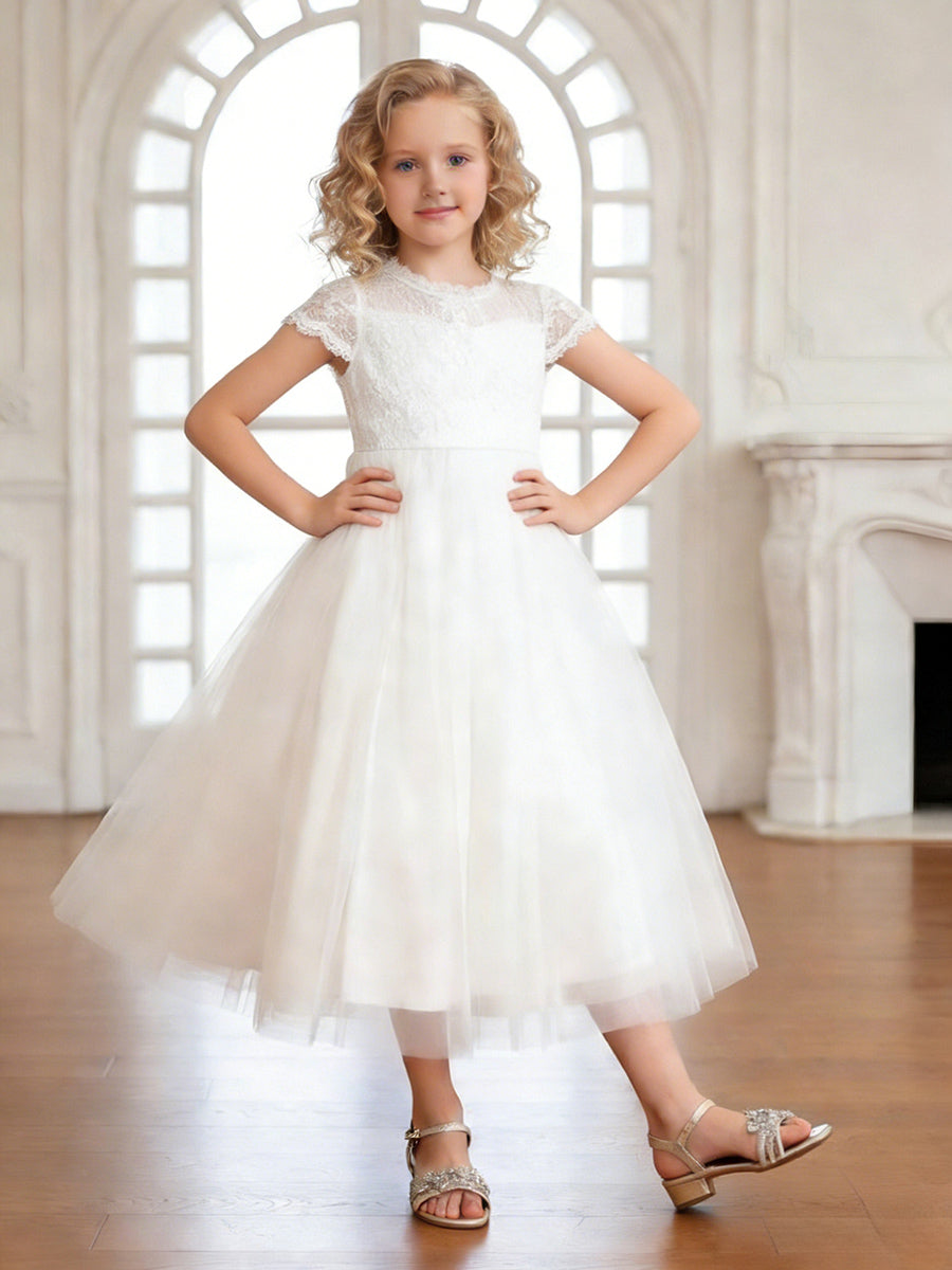 Short Sleeve Lace Round Neck White Tulle Midi Flower Girl Dress for Weddings and Formal Occasions