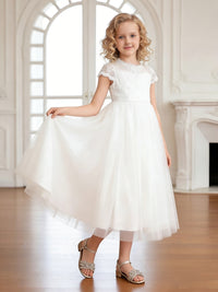 Short Sleeve Lace Round Neck White Tulle Midi Flower Girl Dress for Weddings and Formal Occasions