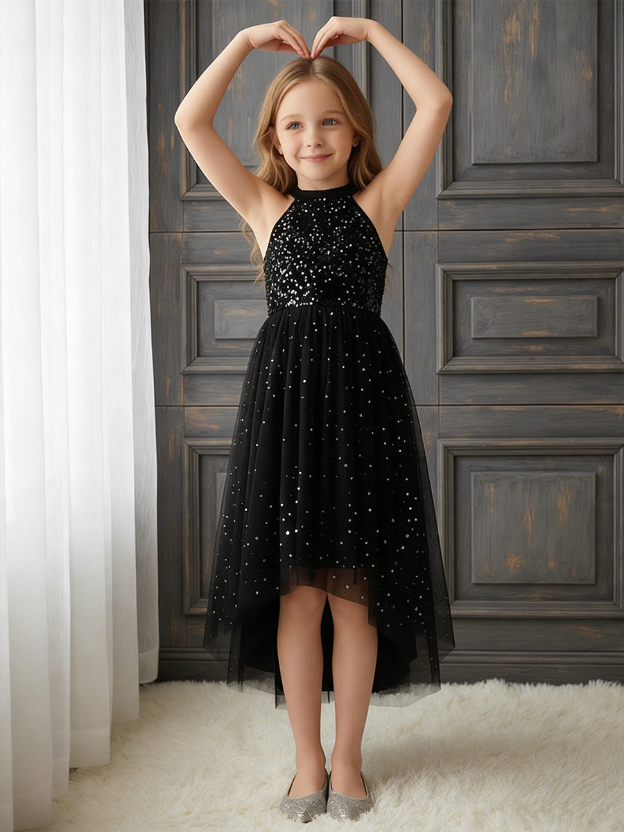 Halter Neck Sleeveless Black Sequin Asymmetrical Tulle Flower Girl Dress for Weddings and Formal Occasions