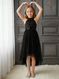 Halter Neck Sleeveless Black Sequin Asymmetrical Tulle Flower Girl Dress for Weddings and Formal Occasions