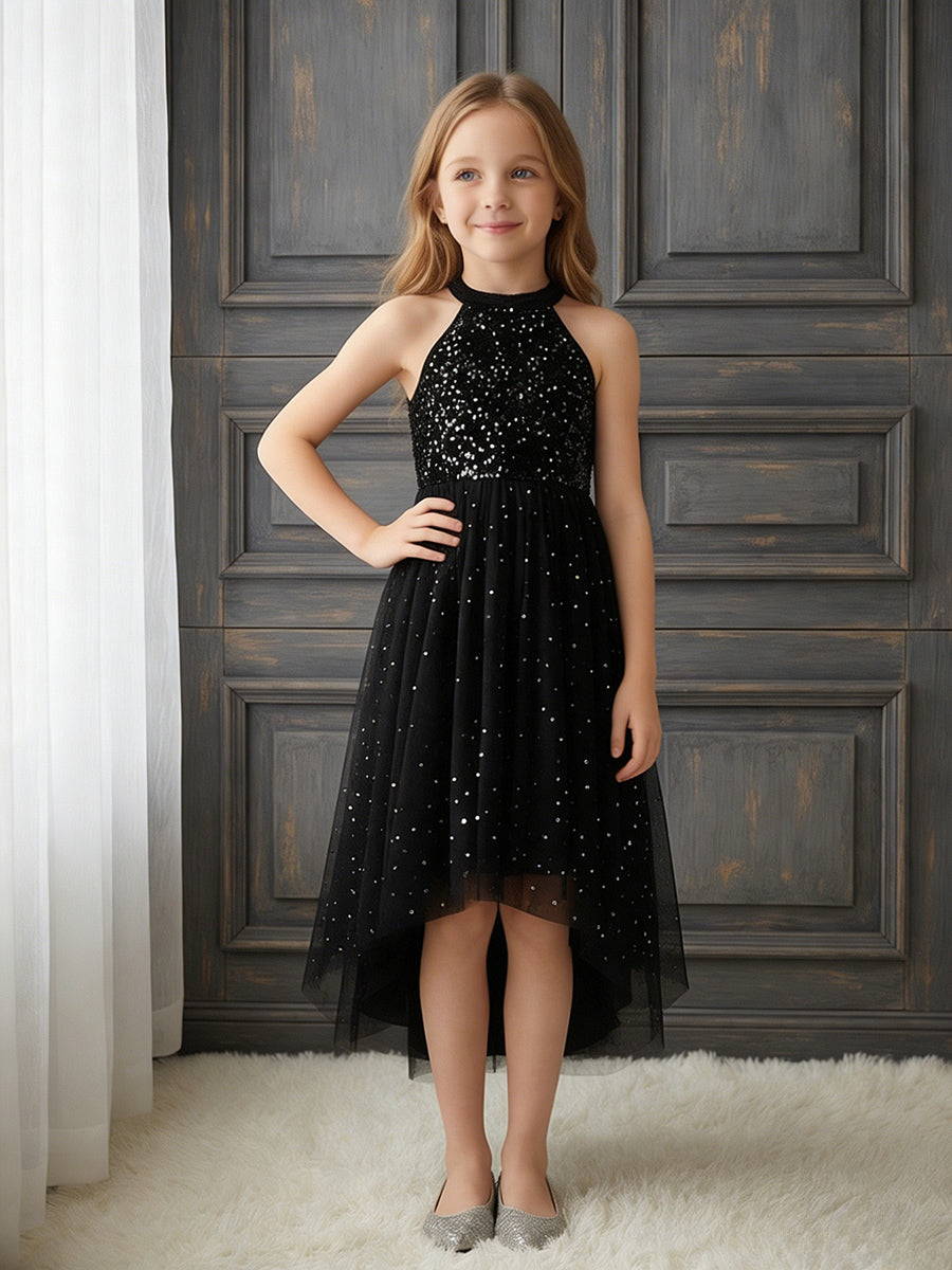 Halter Neck Sleeveless Black Sequin Asymmetrical Tulle Flower Girl Dress for Weddings and Formal Occasions