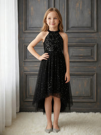 Halter Neck Sleeveless Black Sequin Asymmetrical Tulle Flower Girl Dress for Weddings and Formal Occasions