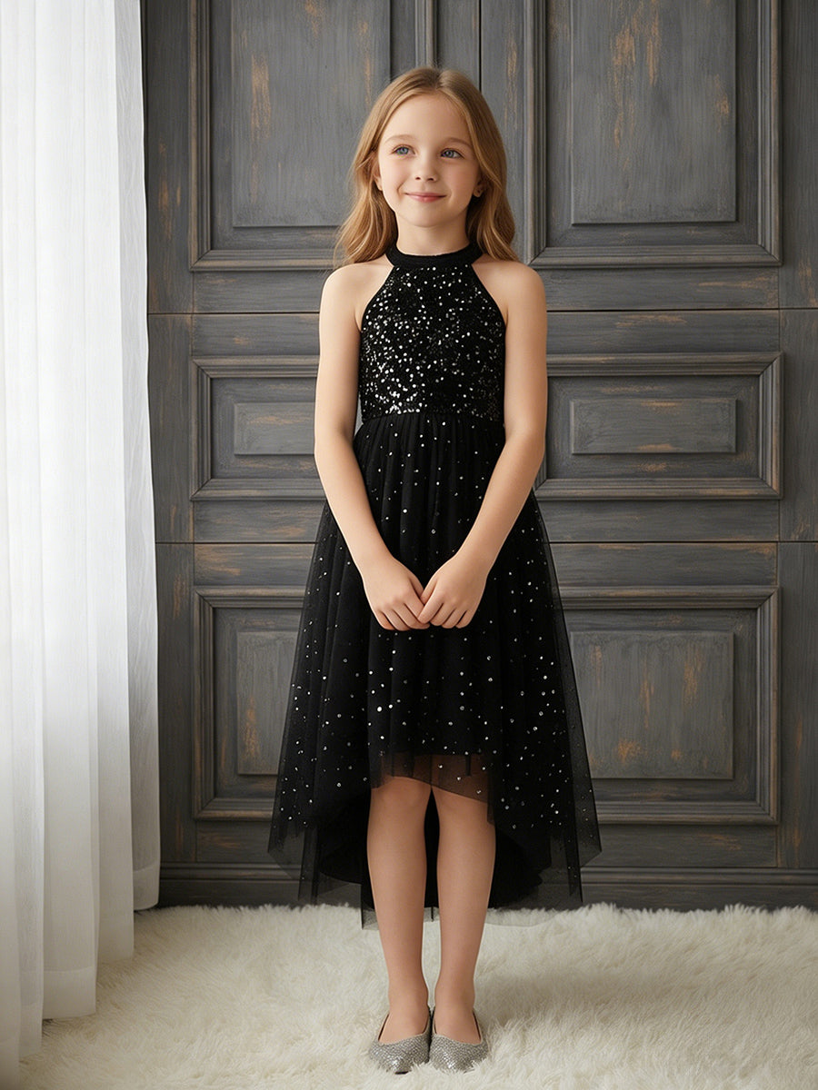 Halter Neck Sleeveless Black Sequin Asymmetrical Tulle Flower Girl Dress for Weddings and Formal Occasions