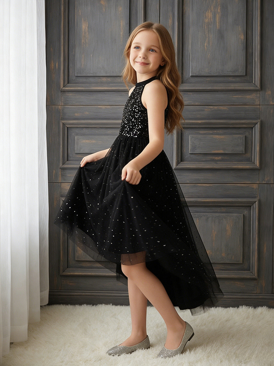 Halter Neck Sleeveless Black Sequin Asymmetrical Tulle Flower Girl Dress for Weddings and Formal Occasions