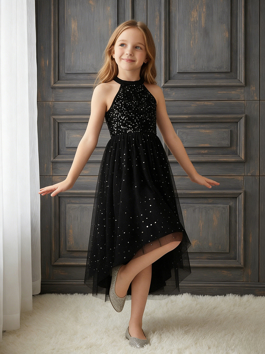 Halter Neck Sleeveless Black Sequin Asymmetrical Tulle Flower Girl Dress for Weddings and Formal Occasions
