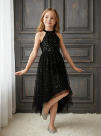 Halter Neck Sleeveless Black Sequin Asymmetrical Tulle Flower Girl Dress for Weddings and Formal Occasions