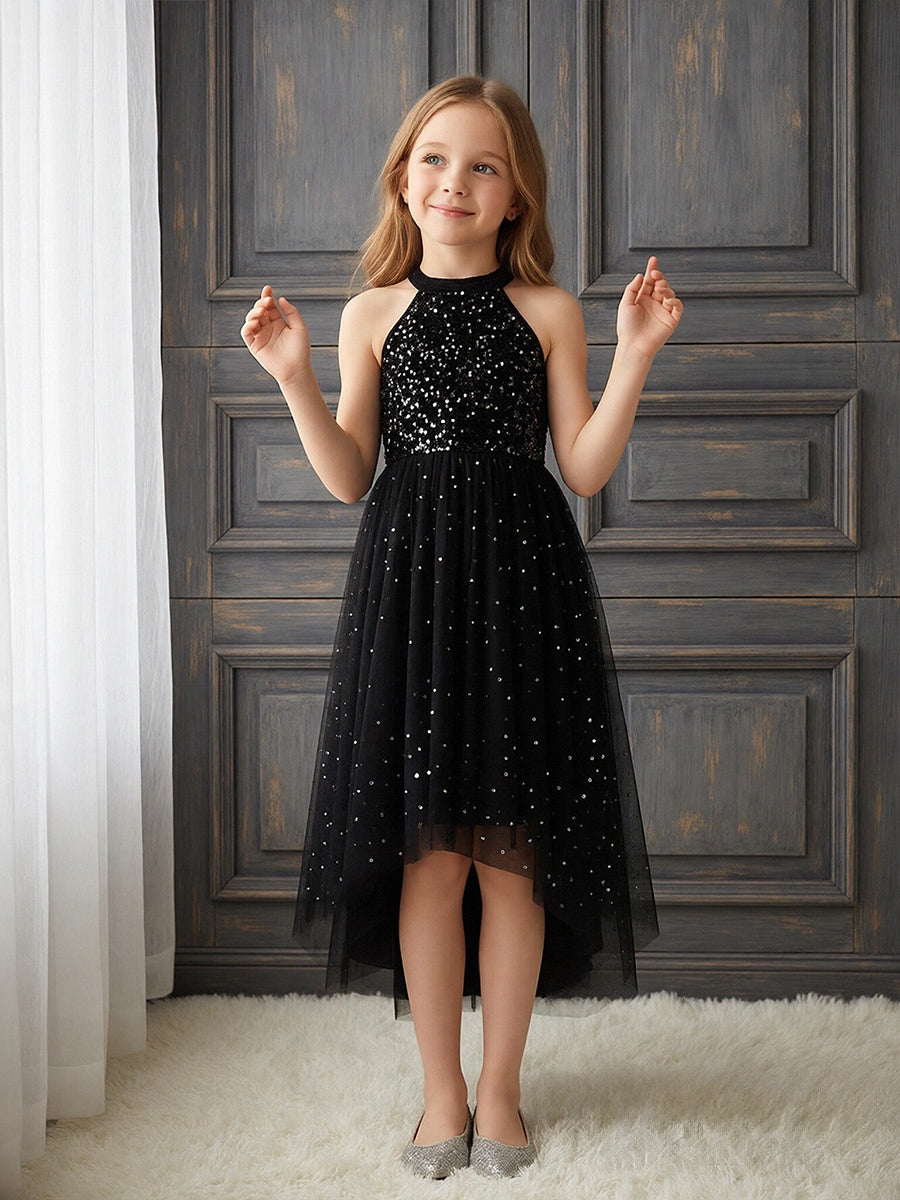Halter Neck Sleeveless Black Sequin Asymmetrical Tulle Flower Girl Dress for Weddings and Formal Occasions