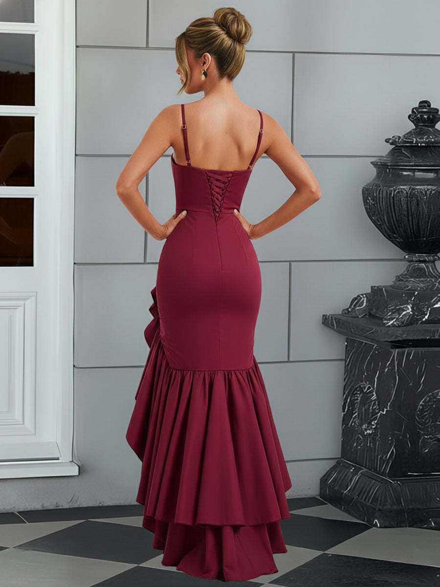 Bodycon Spaghetti Strap Maxi Evening Dresses with Ruffle Slit