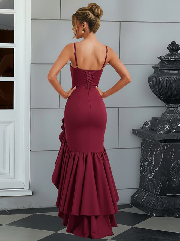 Bodycon Spaghetti Strap Maxi Evening Dresses with Ruffle Slit