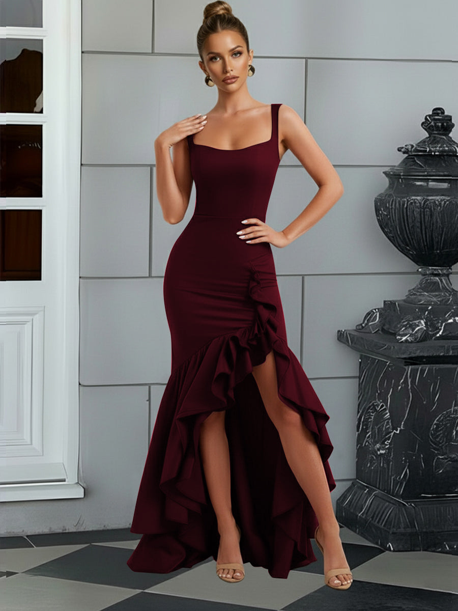 Bodycon Spaghetti Strap Maxi Evening Dresses with Ruffle Slit