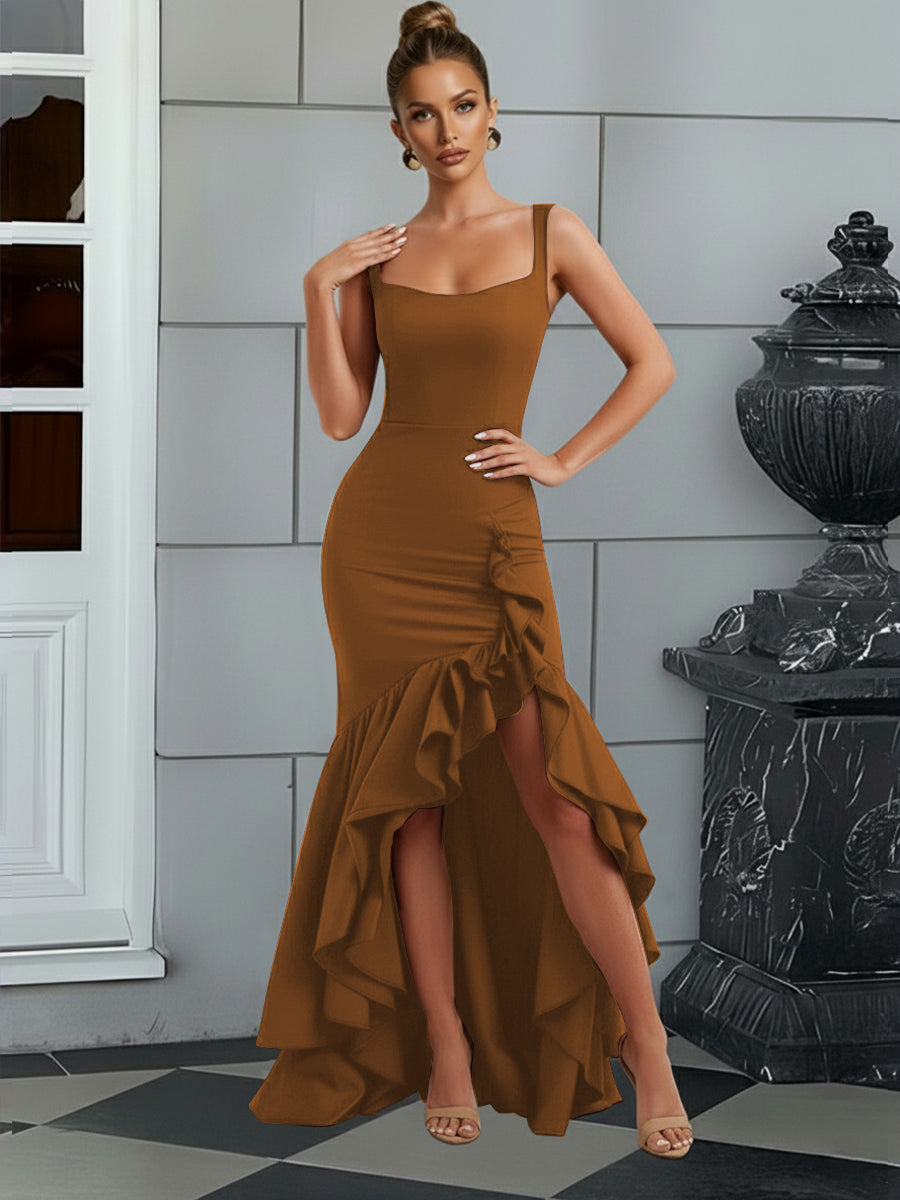 Bodycon Spaghetti Strap Maxi Evening Dresses with Ruffle Slit