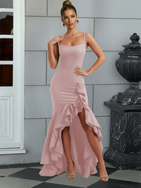 Bodycon Spaghetti Strap Maxi Evening Dresses with Ruffle Slit