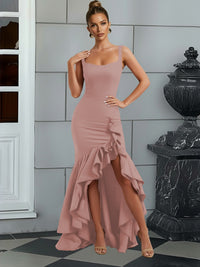 Bodycon Spaghetti Strap Maxi Evening Dresses with Ruffle Slit
