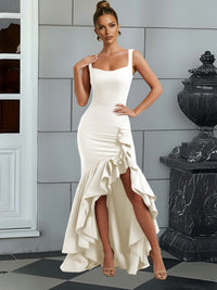 Bodycon Spaghetti Strap Maxi Evening Dresses with Ruffle Slit