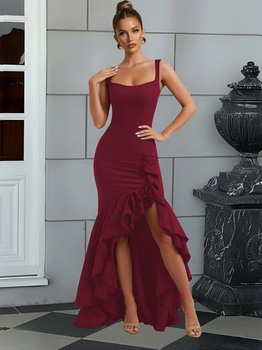Bodycon Spaghetti Strap Maxi Evening Dresses with Ruffle Slit