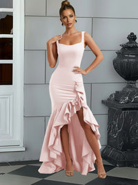 Bodycon Spaghetti Strap Maxi Evening Dresses with Ruffle Slit