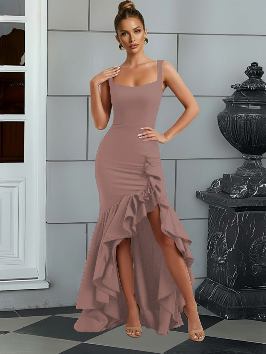 Bodycon Spaghetti Strap Maxi Evening Dresses with Ruffle Slit